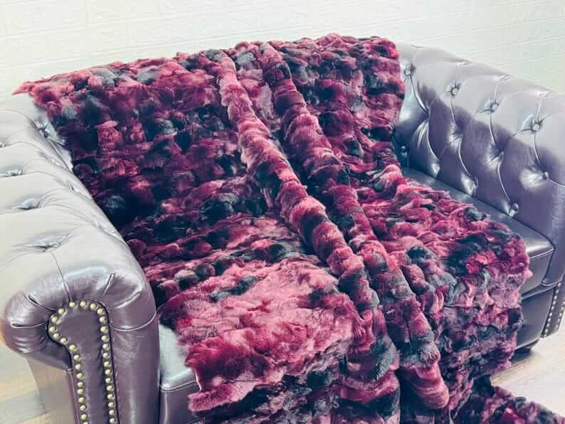 rex rabbit fur throw blanket red black — bold red black colour, intense surface depth — Greek craftsmanship, TatiFurs
