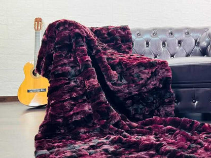 rex rabbit fur throw blanket red black — patchwork panels, velvet cotton backing, full surface view — Greek craftsmanship, TatiFurs
