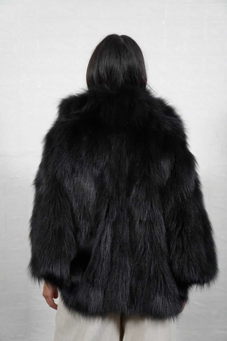 Fox Fur Cape Jacket Black with Collar - Tatifurs showcased from the back, featuring luxurious black fox fur and plush collar.