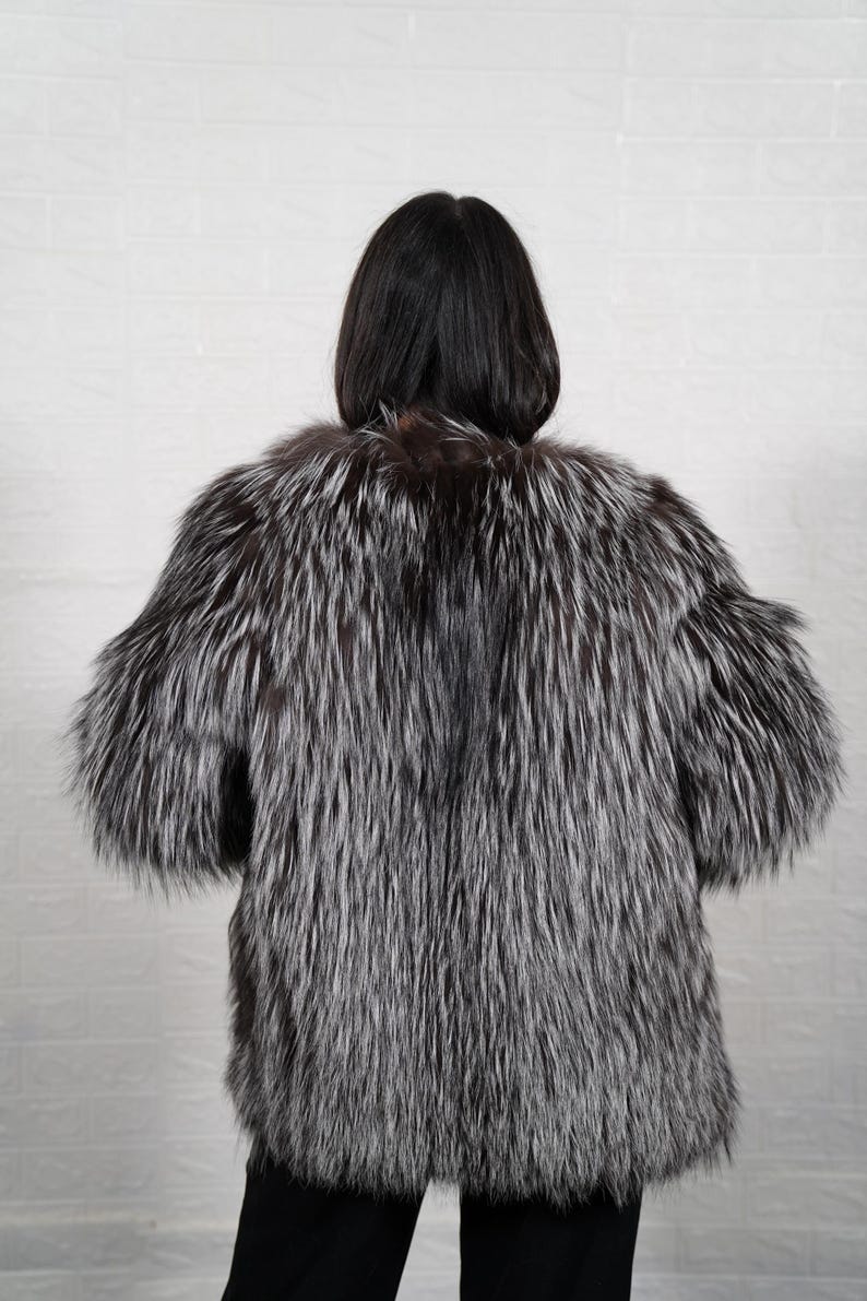 Silver fox fur coat jacket back view showing plush silver fox fur
