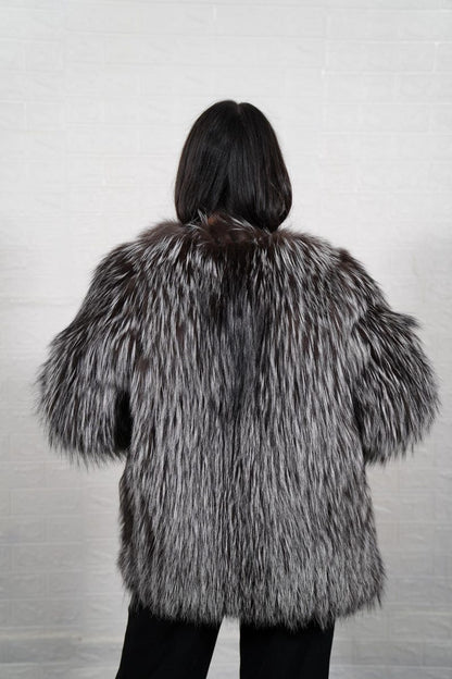 Silver fox fur coat jacket back view showing plush silver fox fur
