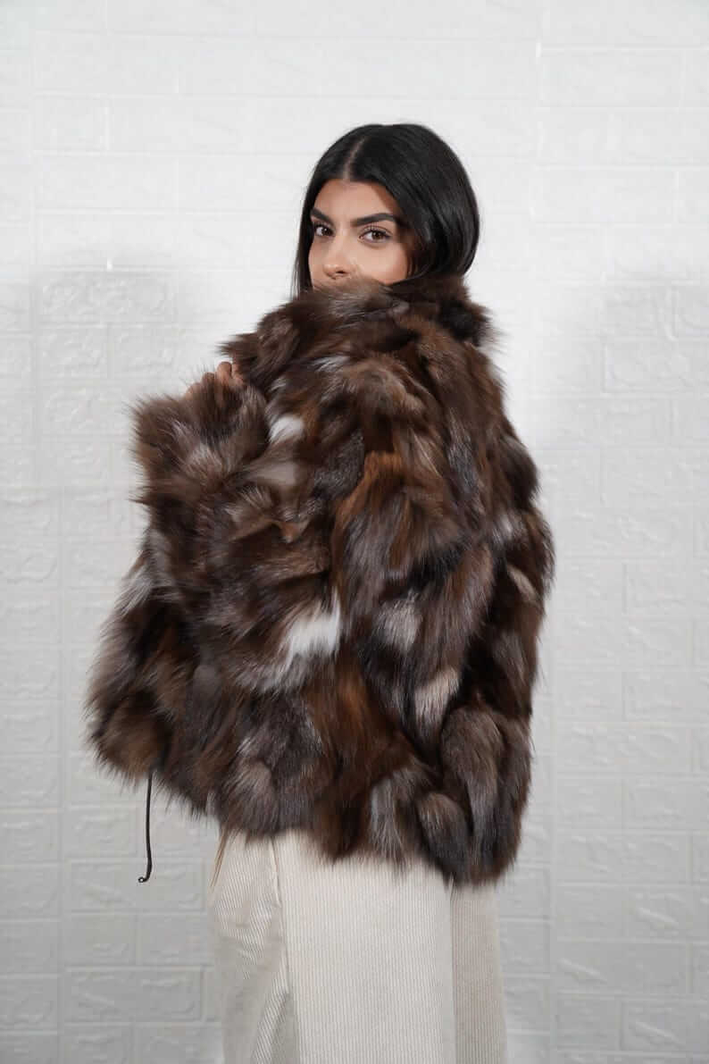 Fox Fur Jacket Crystal Natural – Luxury - Tatifurs, showcasing elegant crystal brown fox fur and a plush collar.