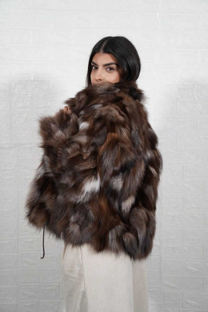 Fox Fur Jacket Crystal Natural – Luxury - Tatifurs, showcasing elegant crystal brown fox fur and a plush collar.