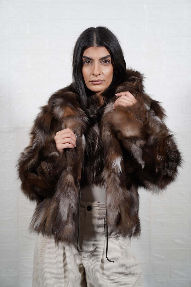 Fox Fur Jacket Crystal Natural – Luxury - Tatifurs, elegant short jacket made from genuine crystal brown fox fur.