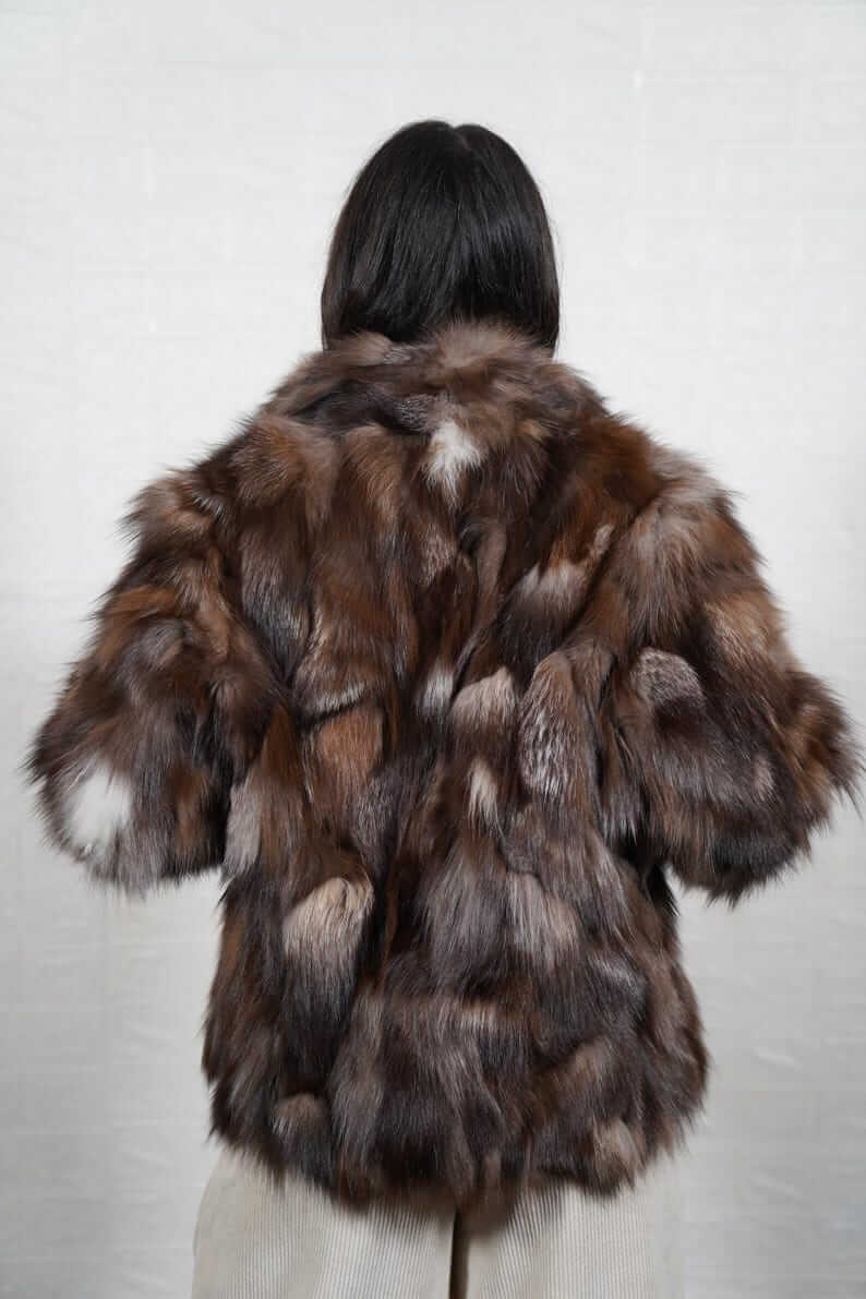 Fox Fur Jacket Crystal Natural – Luxury - Tatifurs, showcasing the luxurious back view of a crystal brown fox fur coat.
