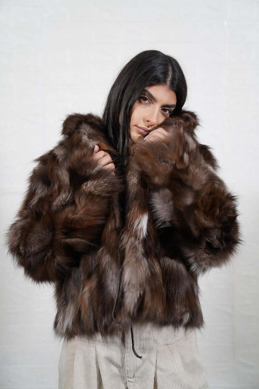 Natural crystal brown fox fur short jacket coat with collar, front view
