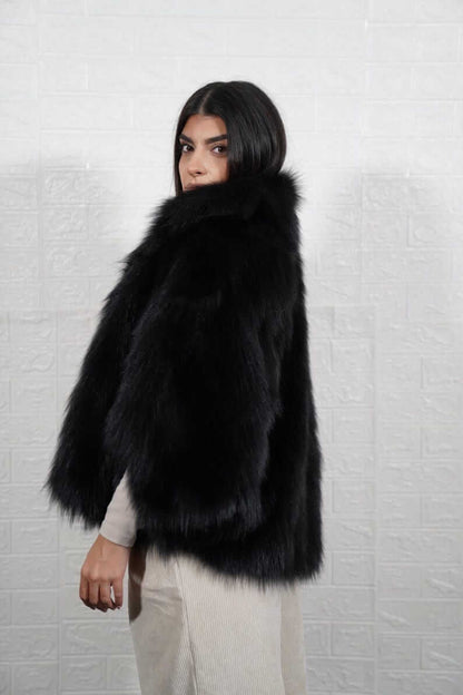Fox Fur Cape Jacket Black with Collar - Tatifurs, elegant black fur cape jacket with plush collar, perfect for stylish warmth.