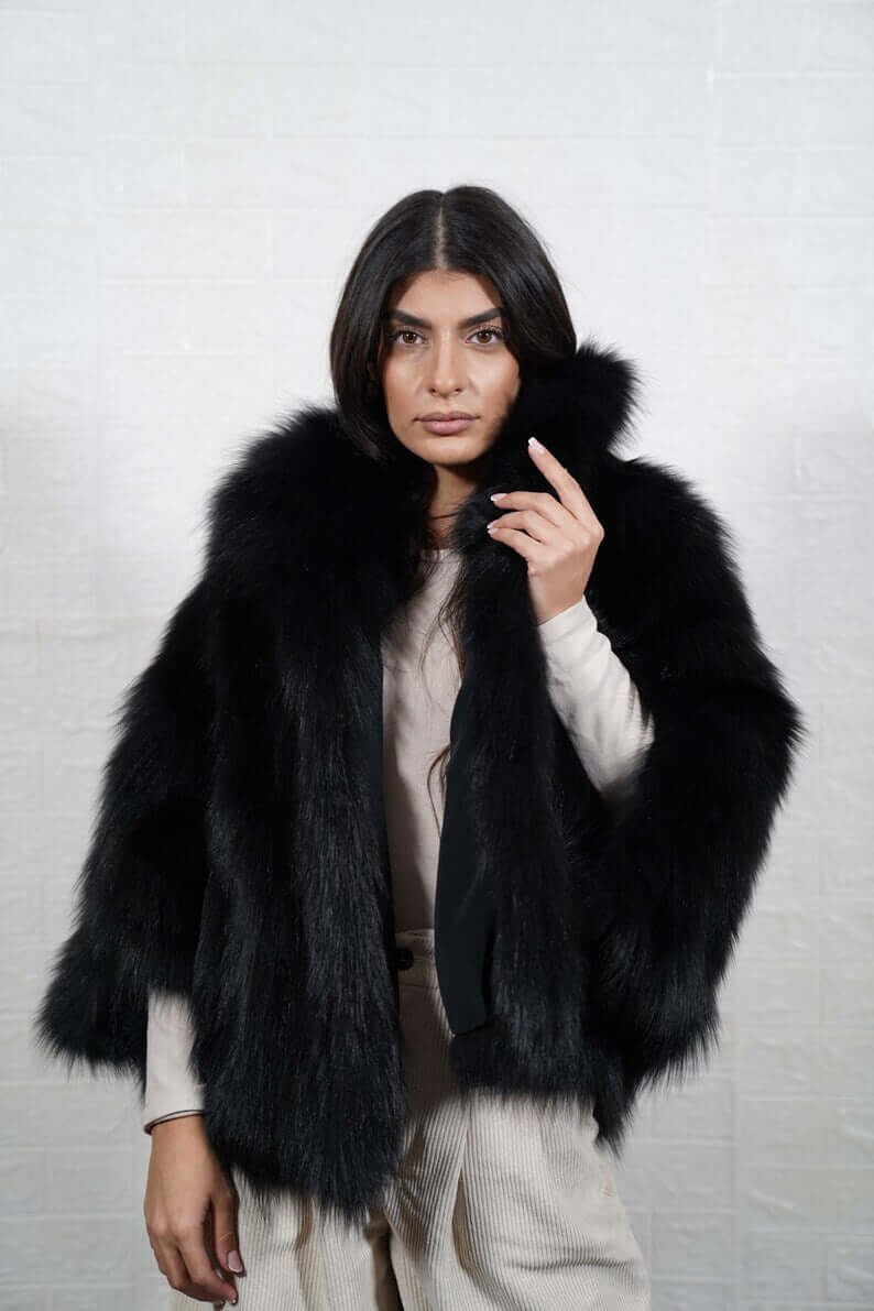 Fox Fur Cape Jacket Black with Collar - Tatifurs worn by a model, showcasing elegant design and luxurious black fox fur.