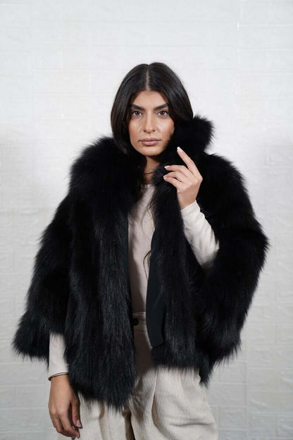 Fox Fur Cape Jacket Black with Collar - Tatifurs worn by a model, showcasing elegant design and luxurious black fox fur.