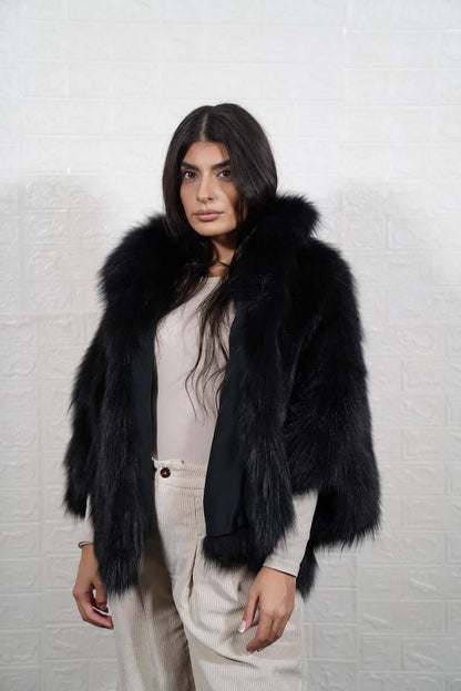 Fox Fur Cape Jacket Black with Collar - Tatifurs, luxurious black fox fur cape jacket with plush collar.