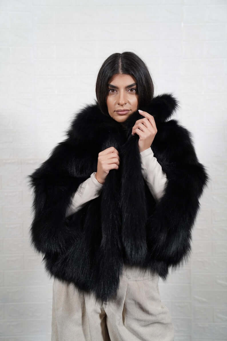 Fox Fur Cape Jacket Black with Collar - Tatifurs, elegant black fox fur cape jacket worn by a model.