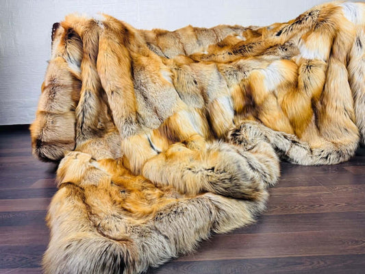 Natural gold fox fur throw blanket full skin — front view, TatiFurs
