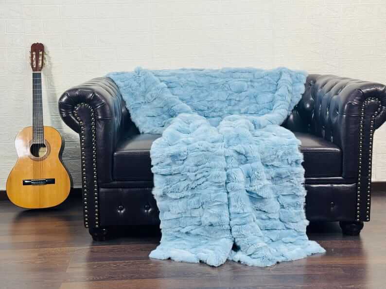 rex rabbit fur throw blanket light blue — velvet cotton backing detail, soft substantial finish — Greek craftsmanship, TatiFurs
