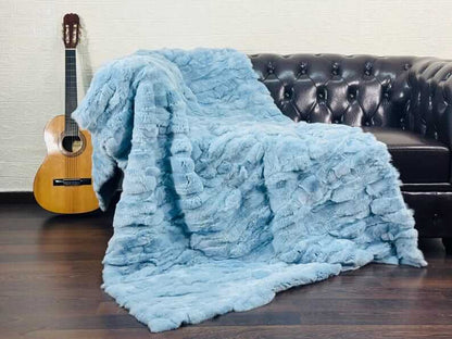 rex rabbit fur throw blanket light blue — patchwork panels, velvet cotton backing, full surface view — Greek craftsmanship, TatiFurs
