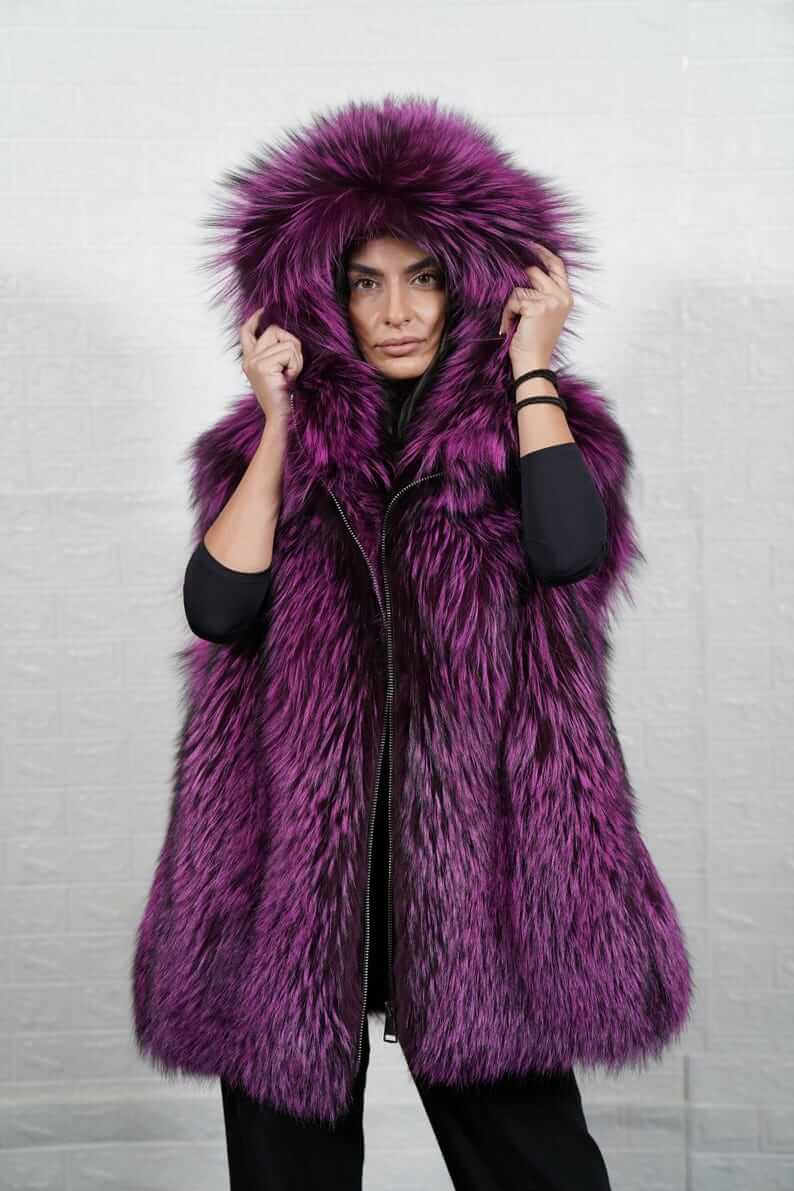 Purple and black fox fur mid-length vest with hood and zipper — front view, TatiFurs
