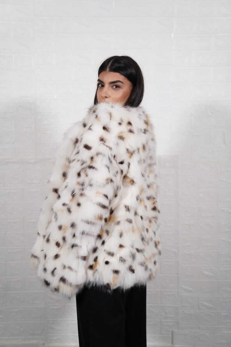 White fox fur coat with leopard collar on hanger — genuine fur, TatiFurs
