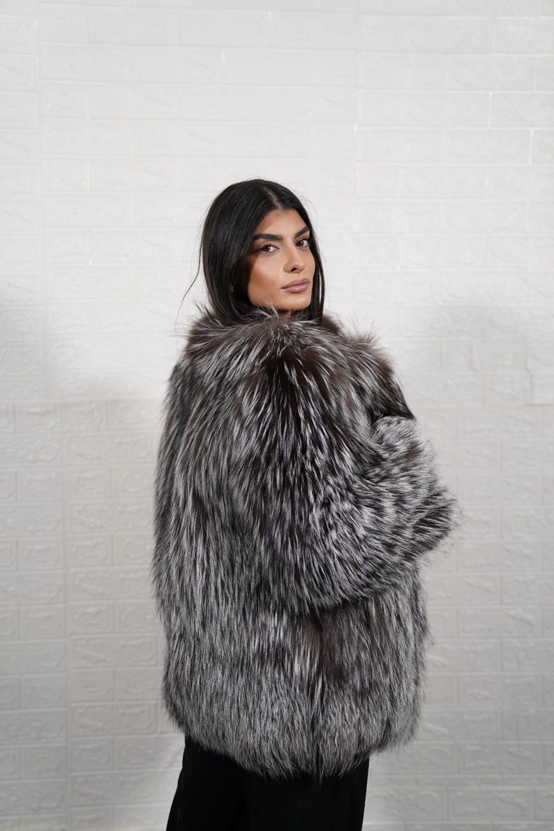 Woman wearing silver fox fur coat jacket – Greek craftsmanship
