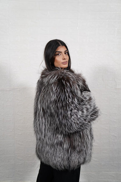 Woman wearing silver fox fur coat jacket – Greek craftsmanship
