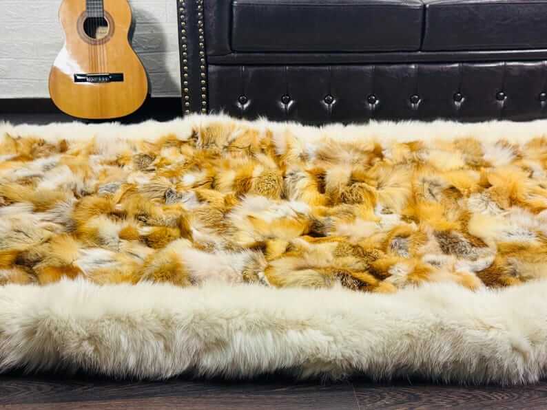 fox fur throw blanket red canadian — white fox border panel detail, clean precise framing — Greek craftsmanship, TatiFurs
