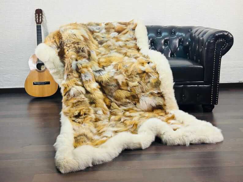 fox fur throw blanket red canadian — velvet cotton backing detail, soft substantial finish — Greek craftsmanship, TatiFurs
