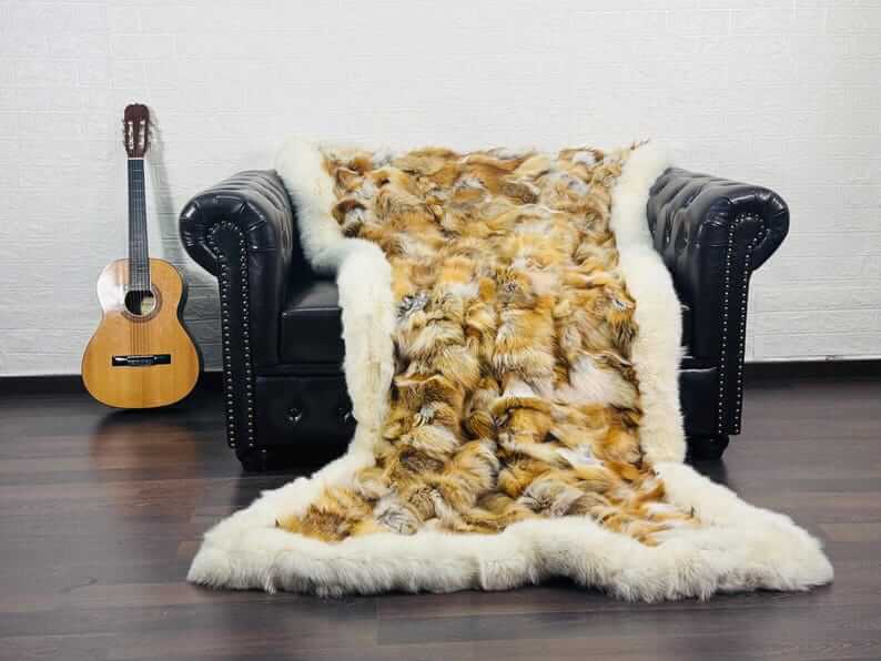 fox fur throw blanket red canadian — long flowing fox pile, red canadian close-up natural tone detail — Greek craftsmanship, TatiFurs
