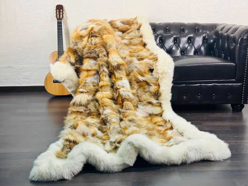 fox fur throw blanket red canadian — patchwork panels, white fox borders, velvet cotton backing, full surface view — Greek craftsmanship, TatiFurs
