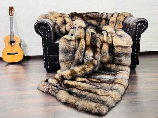 Natural crystal fox fur throw blanket showing premium velvet cotton backing detail
