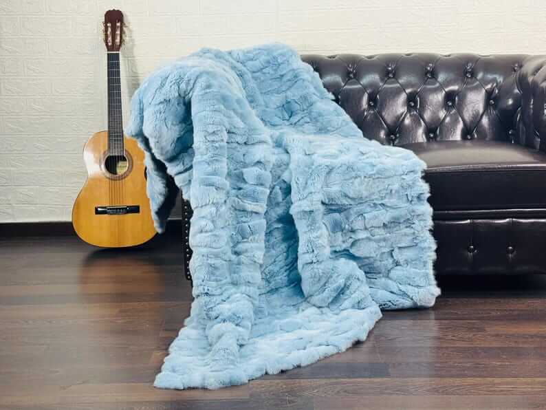 rex rabbit fur throw blanket light blue — dense velvety rex rabbit pile, close-up texture detail — Greek craftsmanship, TatiFurs
