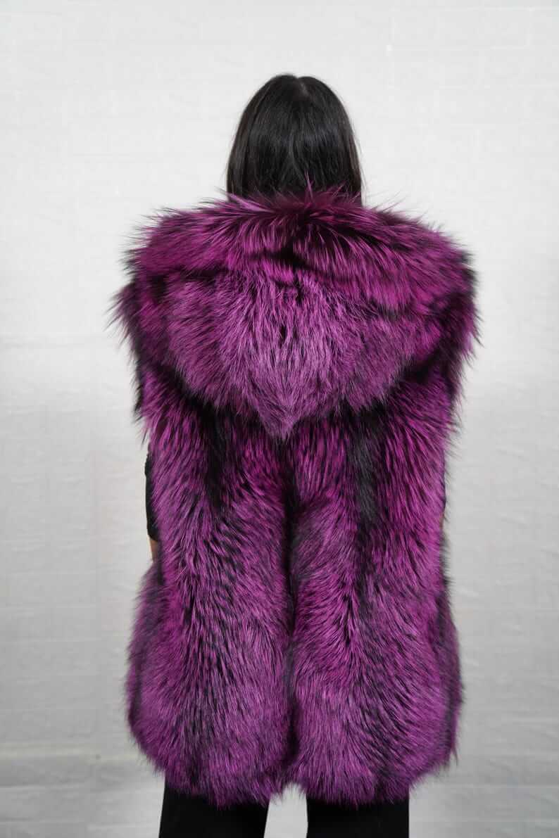 Back view of purple and black fox fur mid-length vest with hood, TatiFurs
