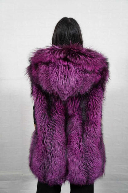 Back view of purple and black fox fur mid-length vest with hood, TatiFurs
