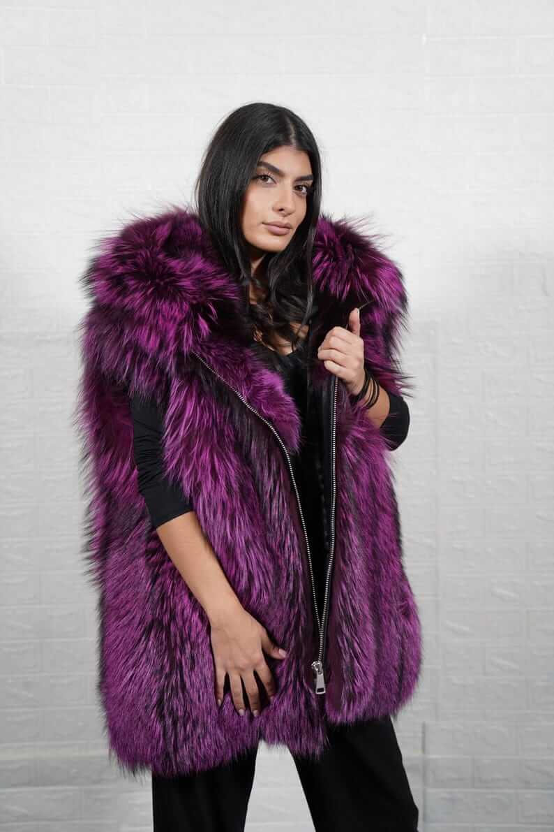 Full skin purple fox fur hooded vest on hanger — genuine fur, TatiFurs
