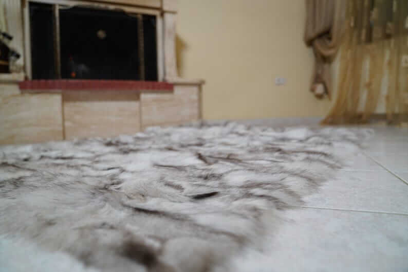Fox Fur Blanket Throw Blue Natural - Tatifurs displayed in a cozy room, showcasing luxurious fur texture.