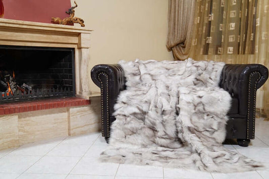 Natural blue fox fur throw blanket — front view, TatiFurs
