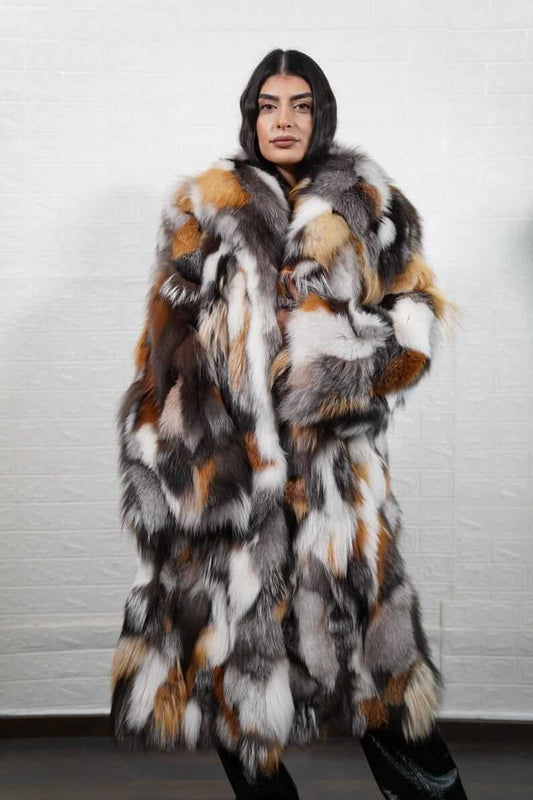 Fox Fur Coat Long Gross Natural with collar - Tatifurs worn by model, showcasing its unique design and elegance.