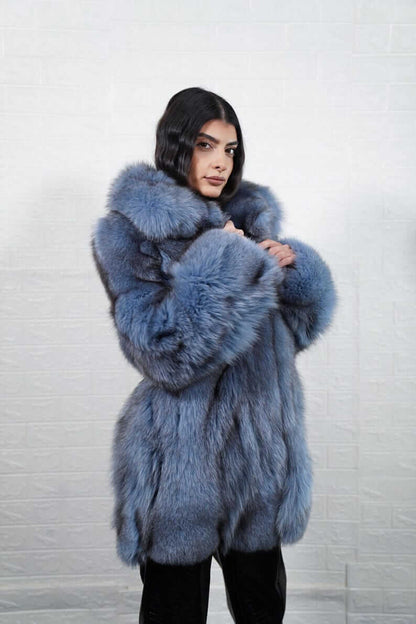 Fox Fur Jacket BlueJean Coat Collared - Tatifurs modeled by a woman in soft blue fur with a plush collar.