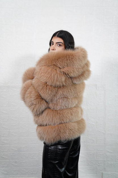 Back view of camel brown fox fur coat with hood
