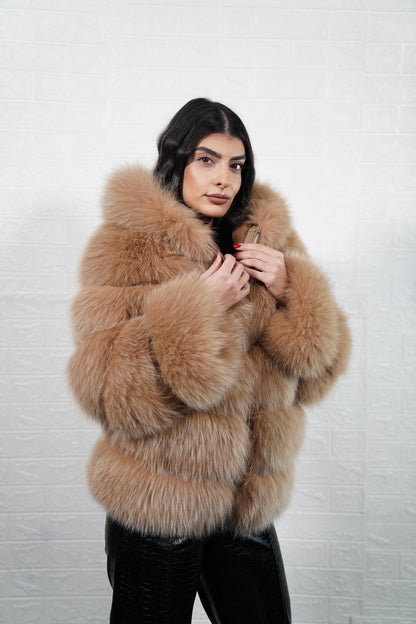 Statement piece camel brown fox fur coat styled for winter
