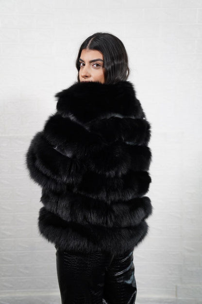 Back view of black fox fur short jacket
