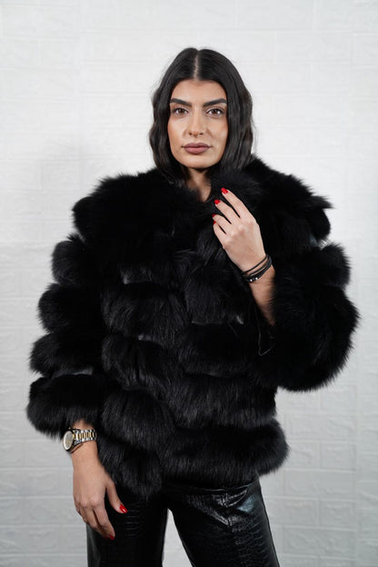 Black Fox Fur Short Jacket with Leather Lines