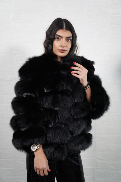 Black fox fur short jacket with leather lines, front view
