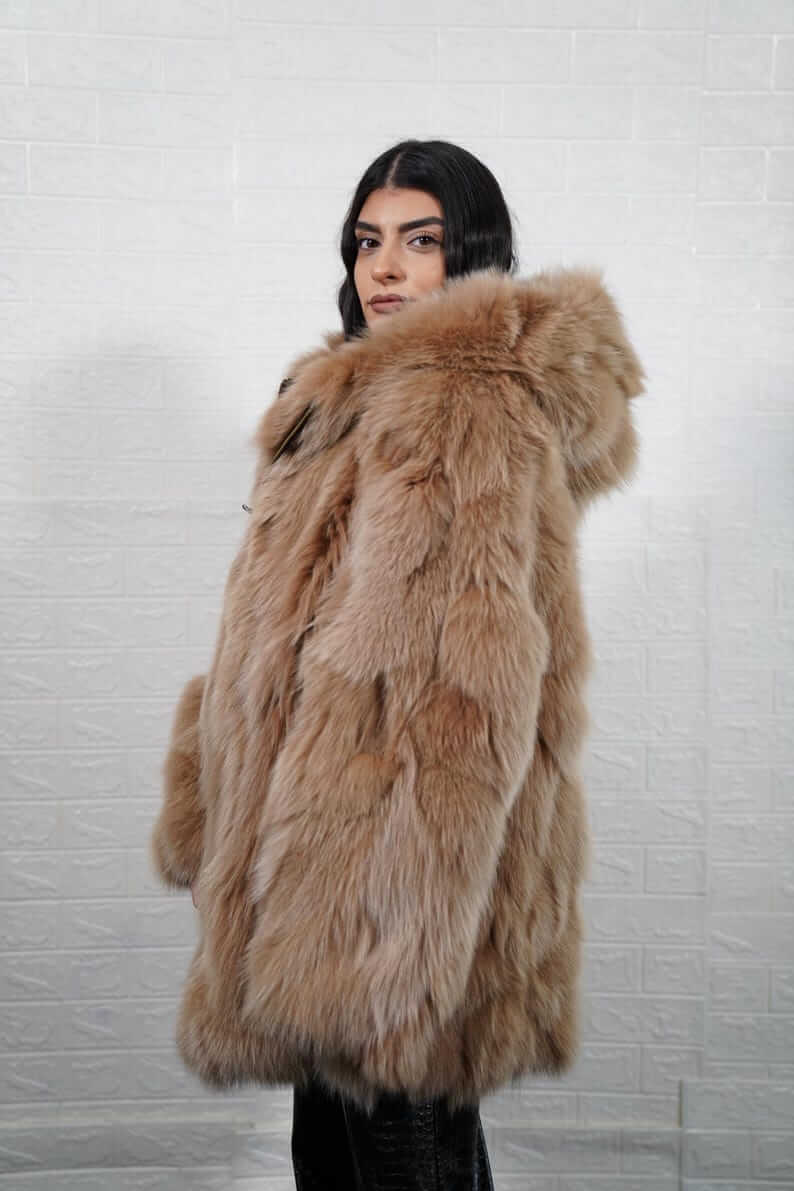 Fox Fur Jacket Brown Hooded with Zipper - Tatifurs, luxurious camel brown fur coat for warmth and style.