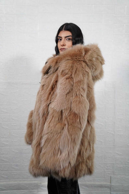 Fox Fur Jacket Brown Hooded with Zipper - Tatifurs, luxurious camel brown fur coat for warmth and style.