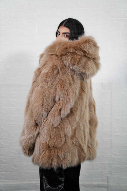 Fox Fur Jacket Brown Hooded with Zipper - Tatifurs featuring a spacious hood and luxurious fur texture.