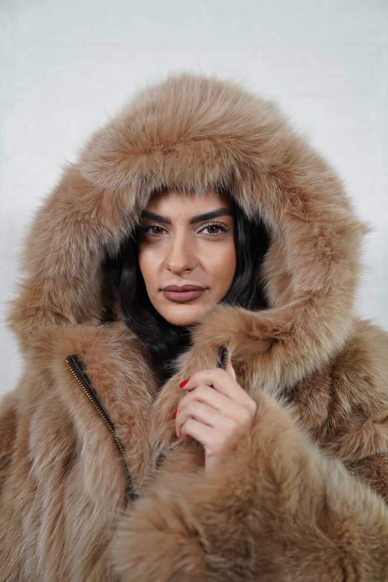 Fox Fur Jacket Brown Hooded with Zipper - Tatifurs model close-up, showcasing luxurious camel brown fur, cozy hood, and zipper.