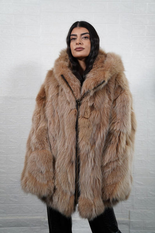 Camel brown fox fur coat jacket with hood and zipper, front view
