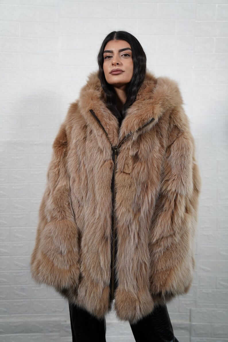 Fox Fur Jacket Brown Hooded with Zipper - Tatifurs featured on a model, showcasing its luxurious design and cozy warmth.