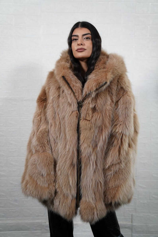 Camel brown fox fur jacket coat hooded with zipper, front view
