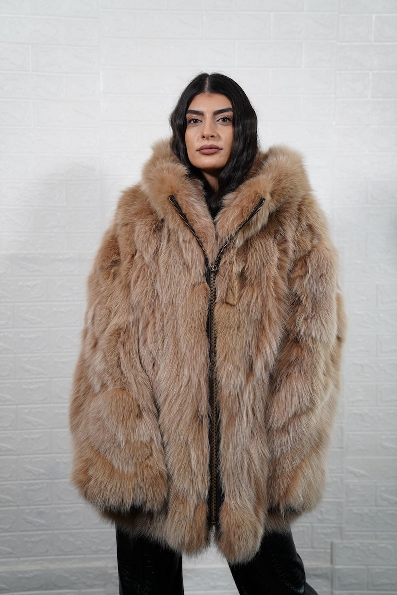 Fox fur coat jacket styled with winter accessories
