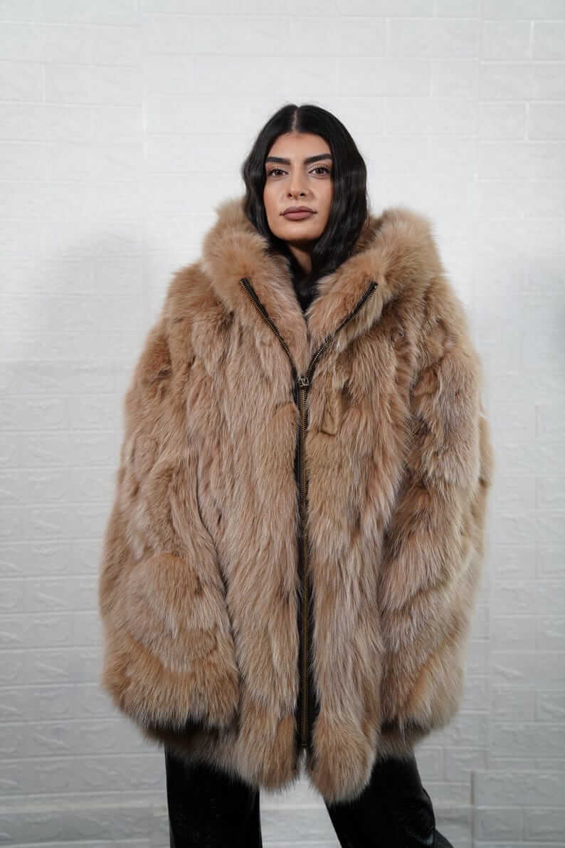 Fox Fur Jacket Brown Hooded with Zipper - Tatifurs worn by a model, showcasing luxurious fur and spacious hood.