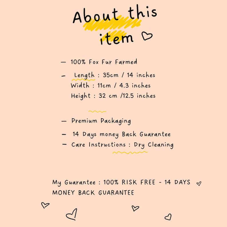 About this item details for Natural Silver Fox Fur Bag - Tatifurs including care instructions and guarantee.